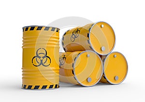 Biohazard waste yellow barrels with biohazard symbol, isolated on white background