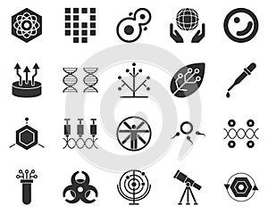 Bioinformatics. Bioengineering glyph icons set. Biotechnology for health, researching, materials creating. Molecular biology,