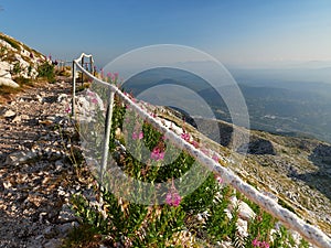 Biokovo mountain range. View from the top of Sveti Jure. Panorama of the Dinaric mountains in the morning. Beautiful landscape.