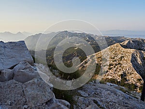 Biokovo mountain range. View from the top of Sveti Jure. Panorama of the Dinaric mountains in the morning. Beautiful mountain and