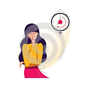 Biological clock concept. Woman looking at watch, symbol of biological life countdown. Feminine reproductive and