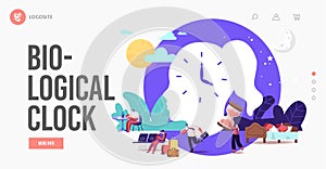 Biological Clock, Jet Lag Landing Page Template. Characters Follow their Body Rhythm, Insomnia, Traveler in Airport