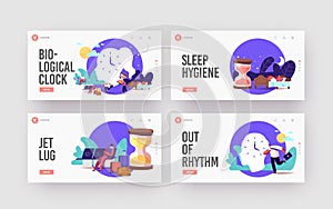 Biological Clock, Jet Lag Landing Page Template Set. Characters Follow Body Rhythm, Traveler in Airport, Late at Work