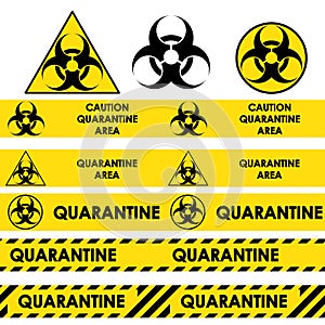 Biological hazard signs and seamless warning tapes for quarantine area set. Stock vector.