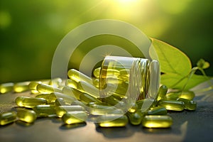 Biologically active supplement pills for healthy eyes on green luscious background