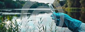 the biologist holds a test tube with river water