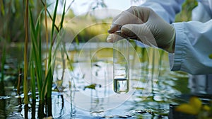 the biologist holds a test tube with river water