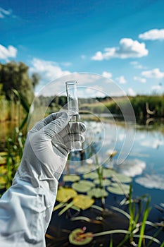 the biologist holds a test tube with river water