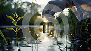 the biologist holds a test tube with river water