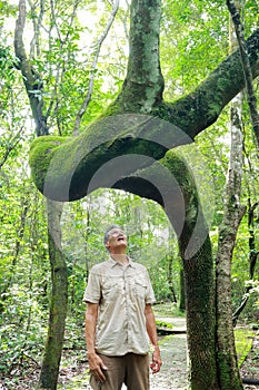 Biologist inspecting the crooked tree trunk of the Anigic Tree