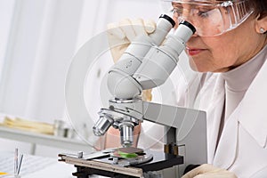 Biologist looking through a microscope