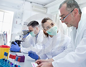 Biologist looking at samples in laboratory