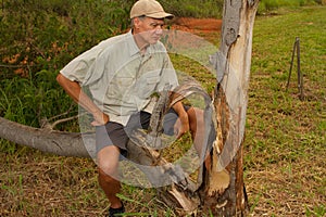 Biologist out in the savannas of Brazil, inspecting a tree