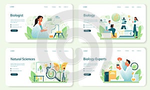 Biologist web banner or landing page set. Scientist make laboratory analysis