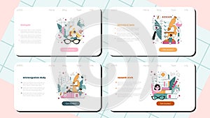 Biologist web banner or landing page set. Scientist make laboratory study