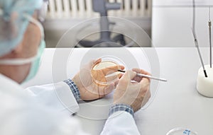 Biologist working with sample in petri dish in laboratory