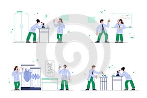 Biologists and genetic engineers in laboratory flat vector illustration isolated.