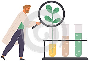 Biologists study structure of plant cell. Biological research with green sample in laboratory