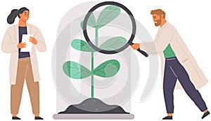 Biologists study structure of plant cell. Biological research with green sample in laboratory