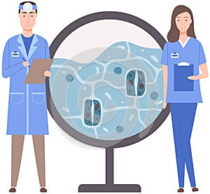 Biologists study structure of plant cell. Biological research with green sample in laboratory