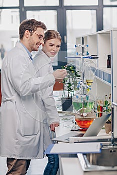 Biologists working in laboratory