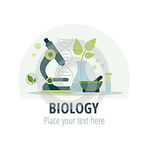 Biology and botany science concept. Microscope and other Objects