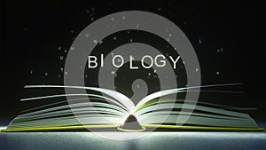 BIOLOGY caption made of glowing letters from the open book. 3D rendering