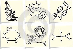 Biology and chemistry icons on yellow memo sticks