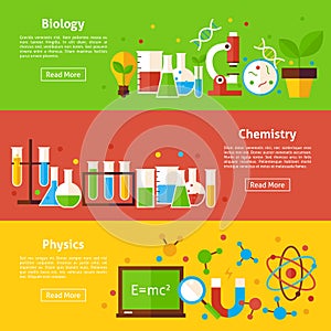 Biology Chemistry Physics Science Flat Horizontal Banners