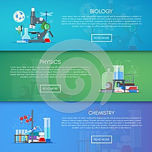 Biology, chemistry and physics vector banners. Science education concept poster in flat style design