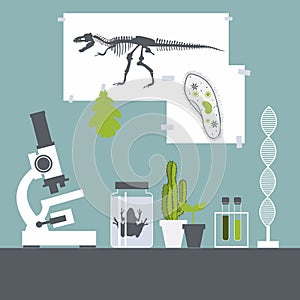 Biology class. Frog, plants, microscope.Vector illustration.