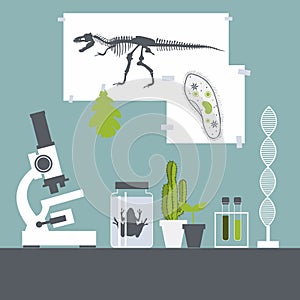 Biology class. Frog, plants, microscope.Vector illustration. photo