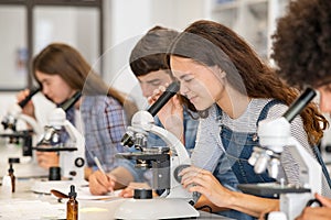 Biology class at high school lab