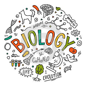 Biology. Hand drawn doodles with lettering. photo