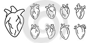 Biology human heart icons set, outline style