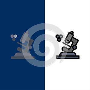 Biology, Microscope, Science  Icons. Flat and Line Filled Icon Set Vector Blue Background