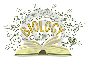 Biology. Open book with doodles with lettering.