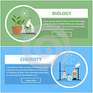 Biology and physics banners. concept of scientific equipment, work space
