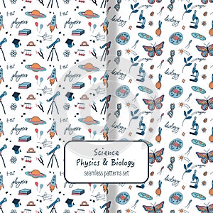 Biology and Physics science set of seamless patterns.