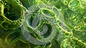 The biology of plant cells unfolds in a microscopic view, highlighting the power of photosynthesis