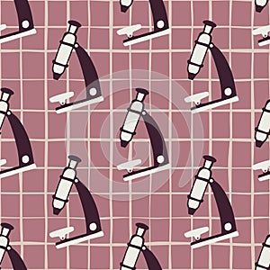 Biology school seamless pattern with medicine microscope ornament. Lilac chequered background