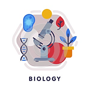 Biology School Subject Icon, Education and Science Discipline with Related Elements Flat Style Vector Illustration