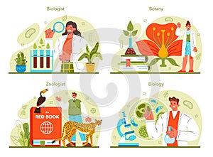 Biology science concept set. Scientist make laboratory analysis of life system