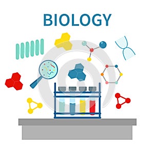 Biology science education concept poster in flat style. Biology school laboratory equipment. Vector illustration