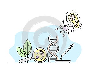 Biology Science and Study Knowledge Organizing with DNA and Magnifying Glass Vector Line Illustration