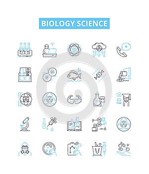 Biology science vector line icons set. Biology, Science, Biochemistry, Cell, Evolution, Genetics, Molecules illustration