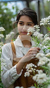 Biology scientist researching in vertical farm lab with diverse natural eco plants on rack.