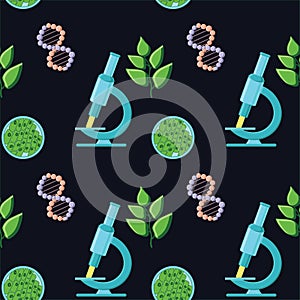 Biology themed seamless pattern with microscopes, dna