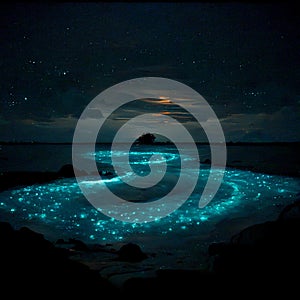 Bioluminescence. Bio luminescent ocean. ai generated.  Bioluminescent plankton in the sea