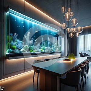 algae aquarium embedded in the dining room wall, emitting a gentle glow HD image of smart dining photo